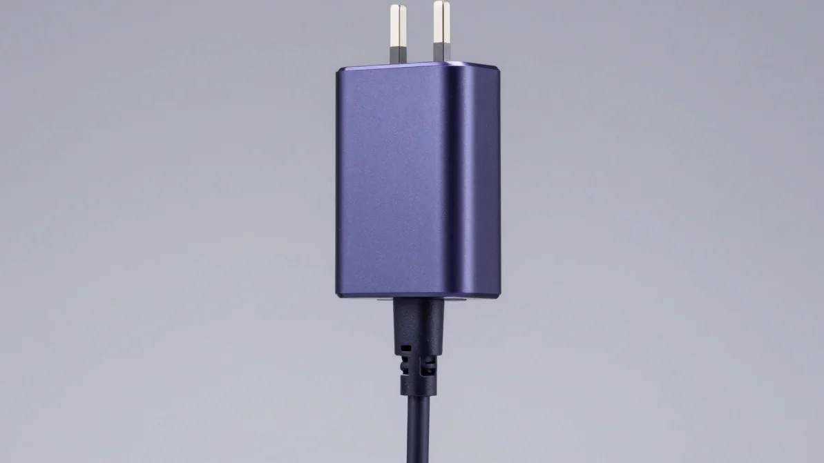Clean tech product photography of a fast charger and cable, deep