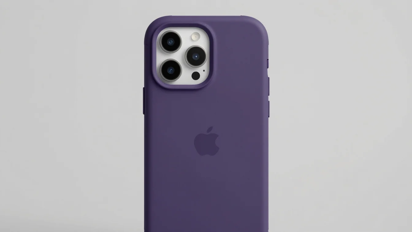Clean tech product photography of a premium iPhone case, deep pur