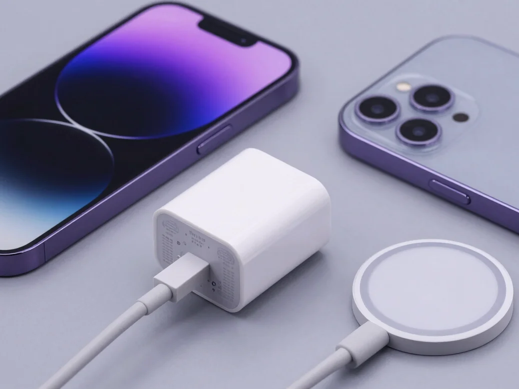 Clean studio display of iPhone charger, magsafe puck, and glass s