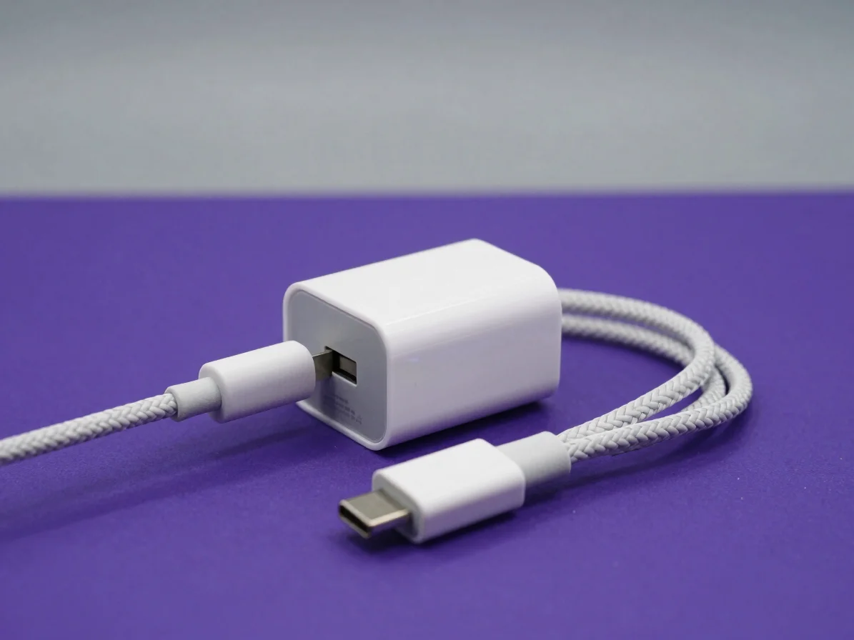 Close-up studio photo of a compact white USB-C wall charger and braided cable laid neatly on deep purple surface