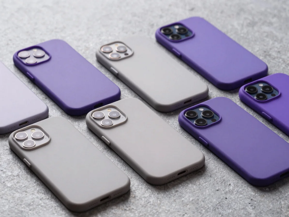 Studio photograph of slim protective phone cases in neutral and purple tones arranged on cool grey stone surface