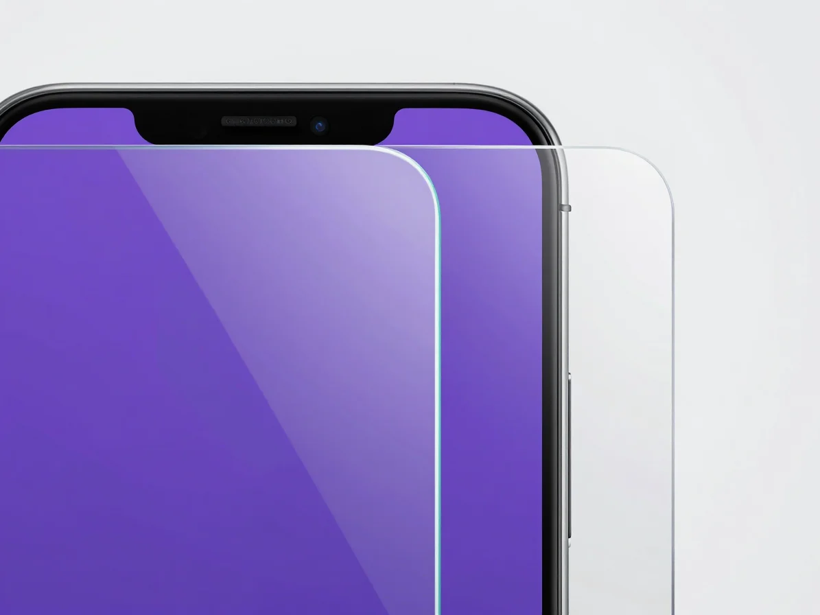 High focus tech photography of clear glass screen protectors with smooth rounded edges on clean light background